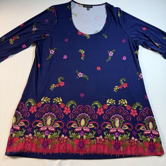 Plus Size Slinky Brand Stretchy Blue & Red Floral Top Size 1X Flattering Shaping - Picture 14 of 16